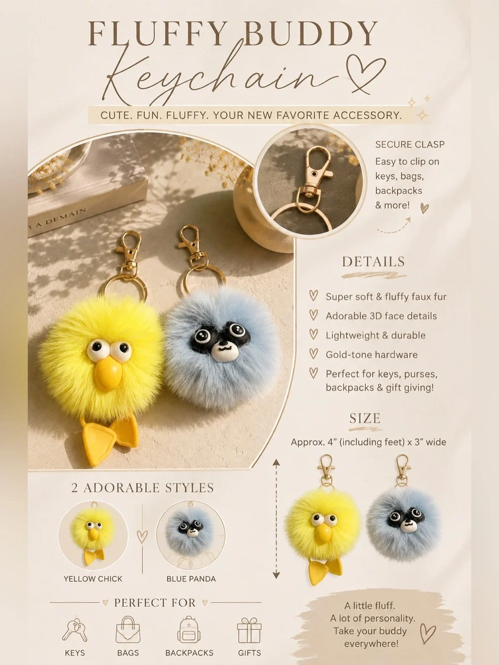 Plush Pom Pom Bird Keychain - Yellow -
